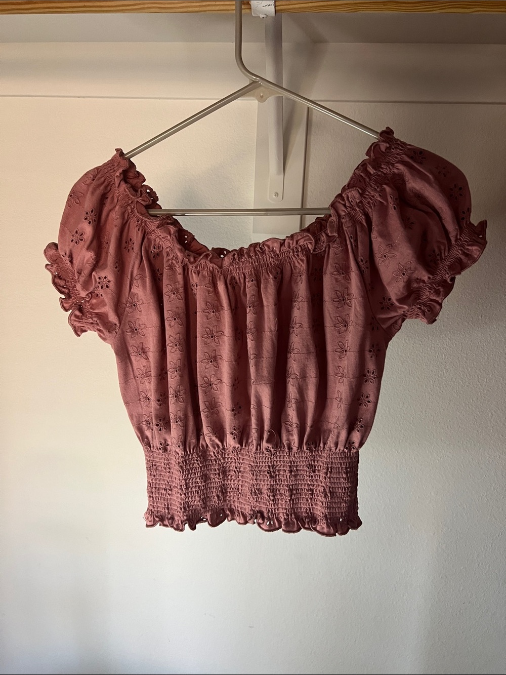 Smocked Off-Shoulder Crop Top — Dusty Mauve - Picture 2 of 5